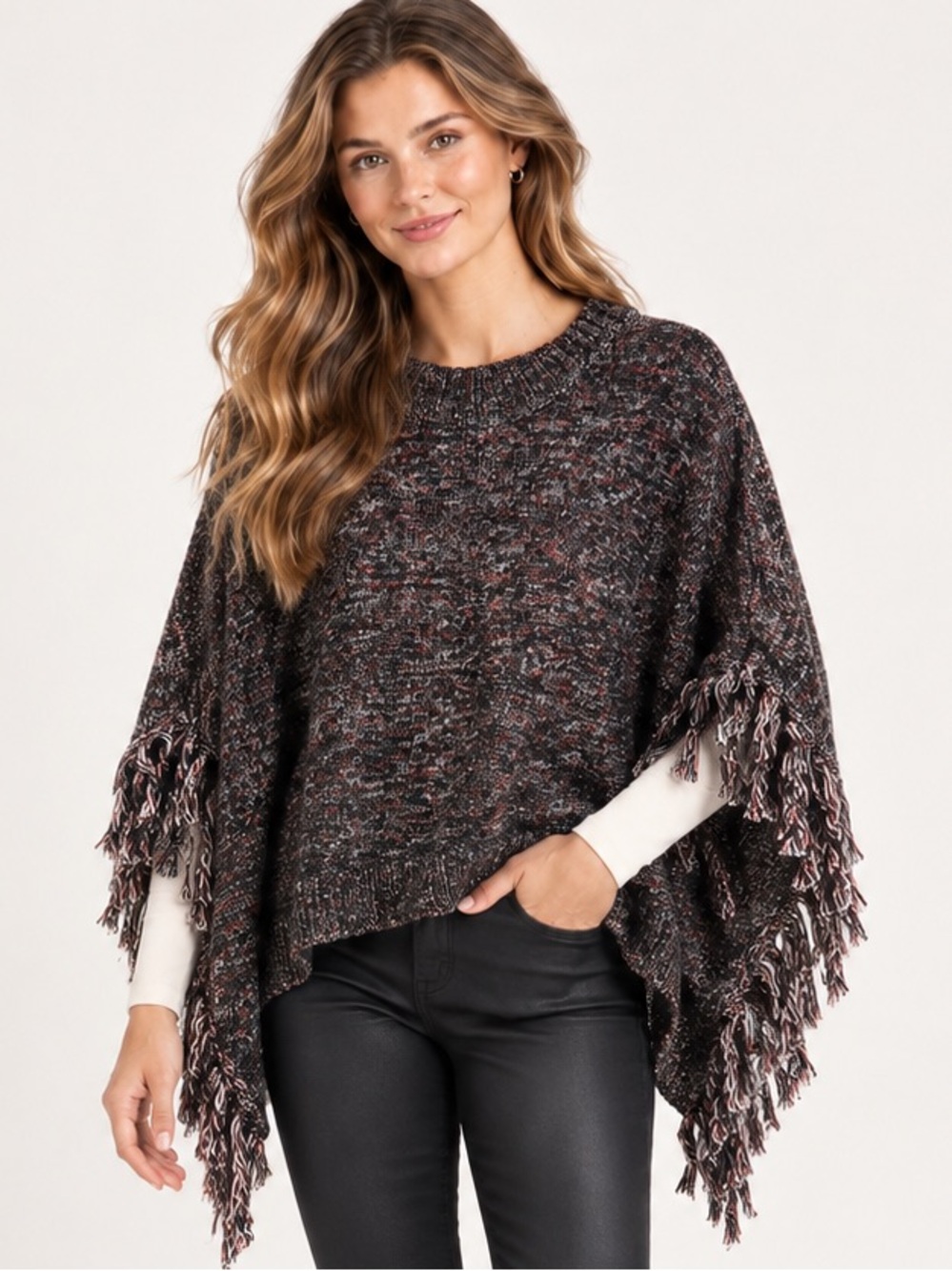 CAbi XS/S Fringe Poncho Sweater Marled Tassel Black Red White Knit Boho Cape